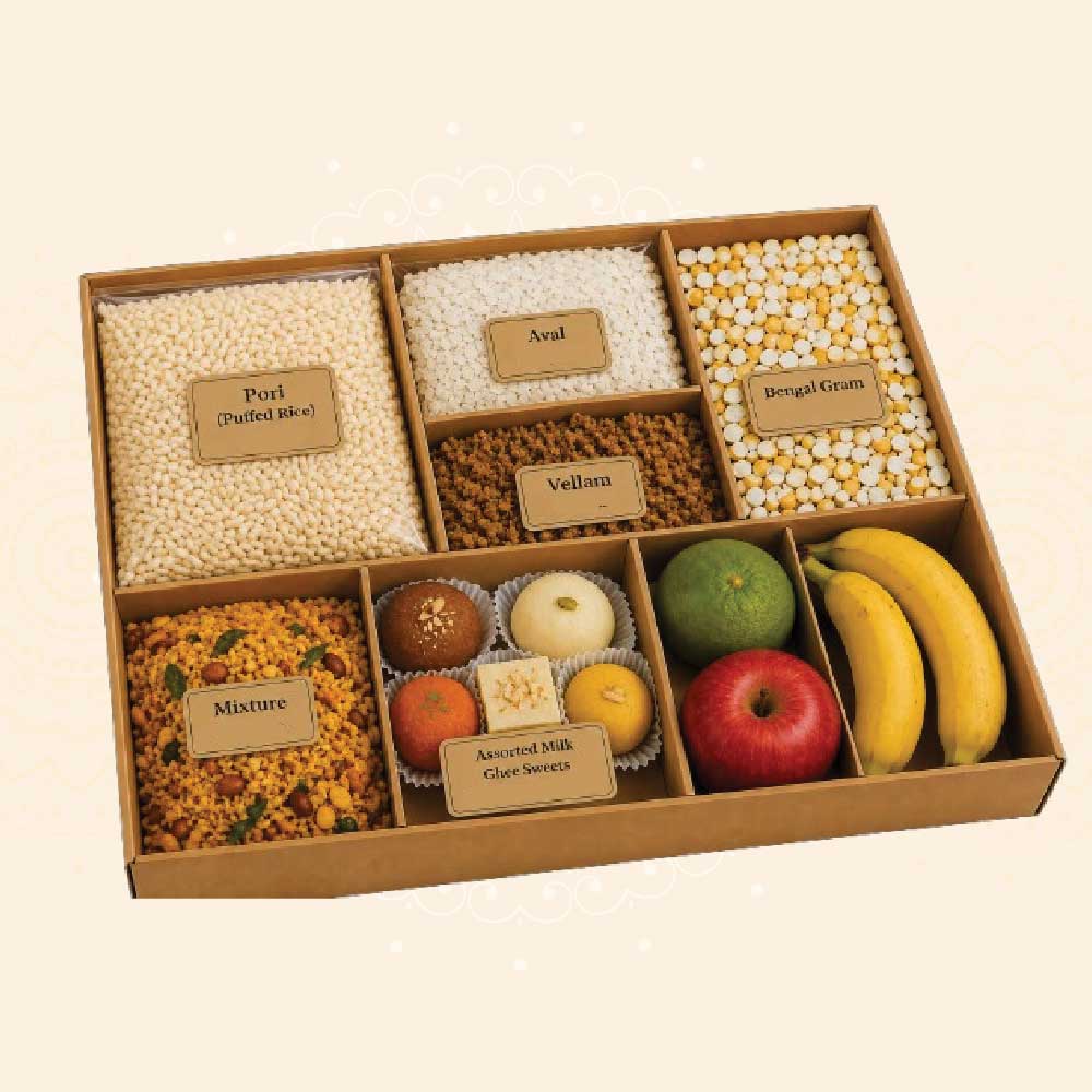 Ayudha Pooja Package 08 - Deluxe Prasadam Box with Sweets, Mixture and Fruits (625 g + Fruits)