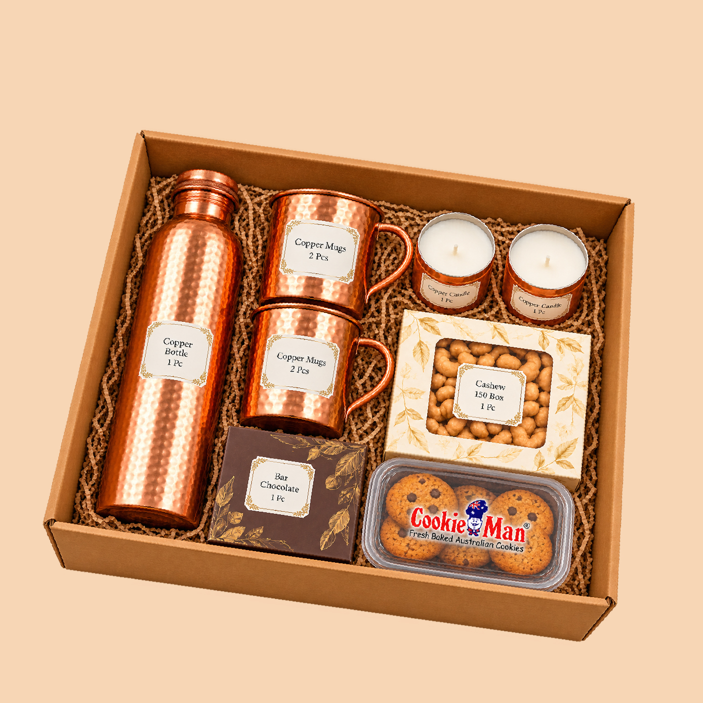 Gift Set-1: Copper Bottle + Copper Mugs + Copper Candle Gift Hamper