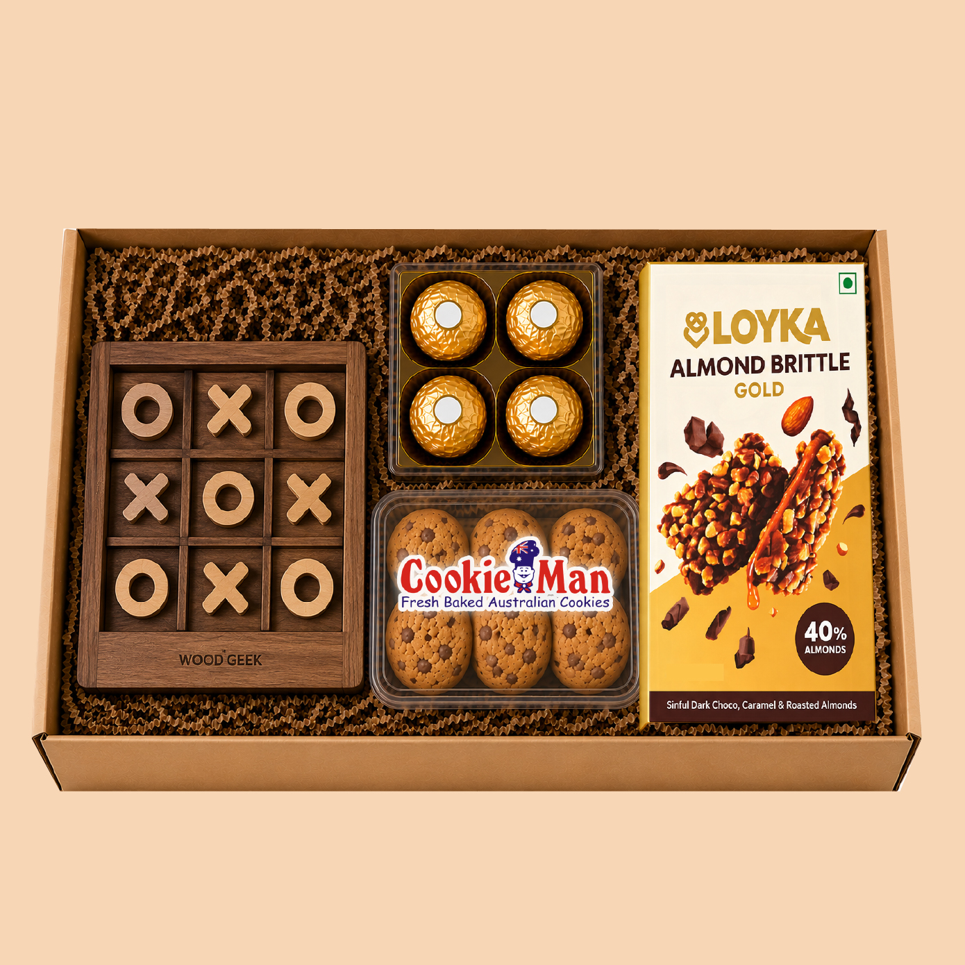 Gift Set-14: Loyka Almond Brittle + Cookies + Wooden Tic Tac Toe Gift Hamper