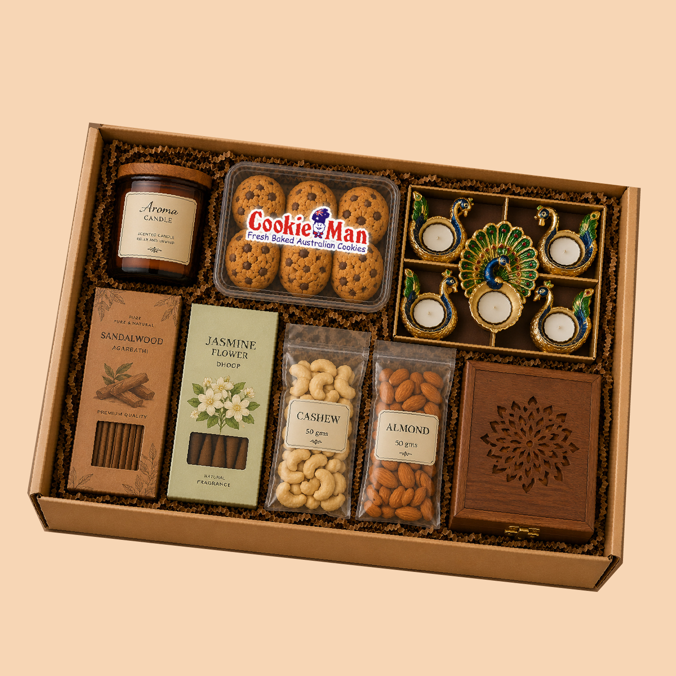 Gift Set-16: Aroma Candle + Diya + Sandalwood + Dry Fruits Gift Hamper