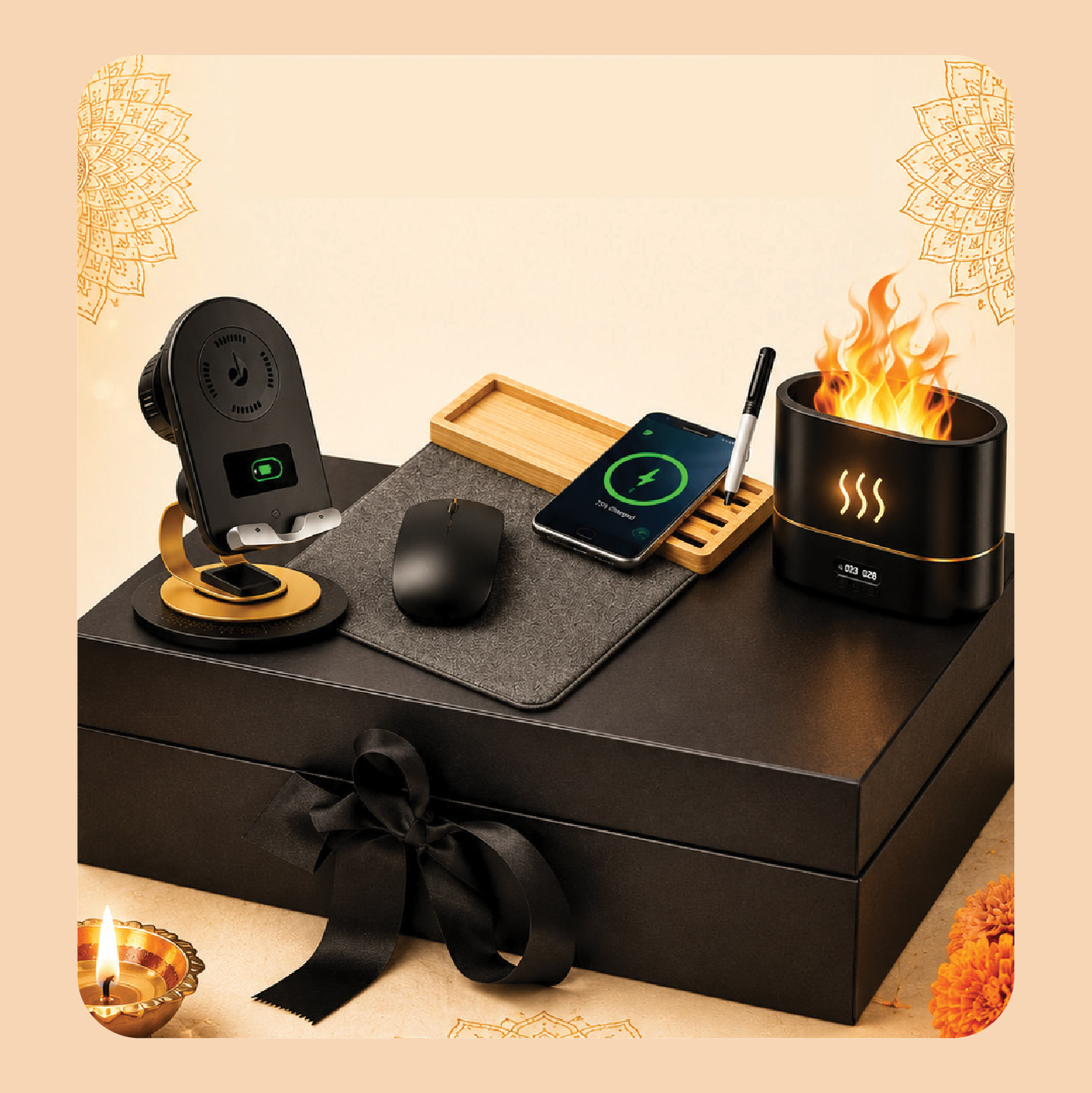 Gift Set-27: Speaker with Wireless Charger + Wireless Charger Mouse Pad + Humidifier + Gift Box