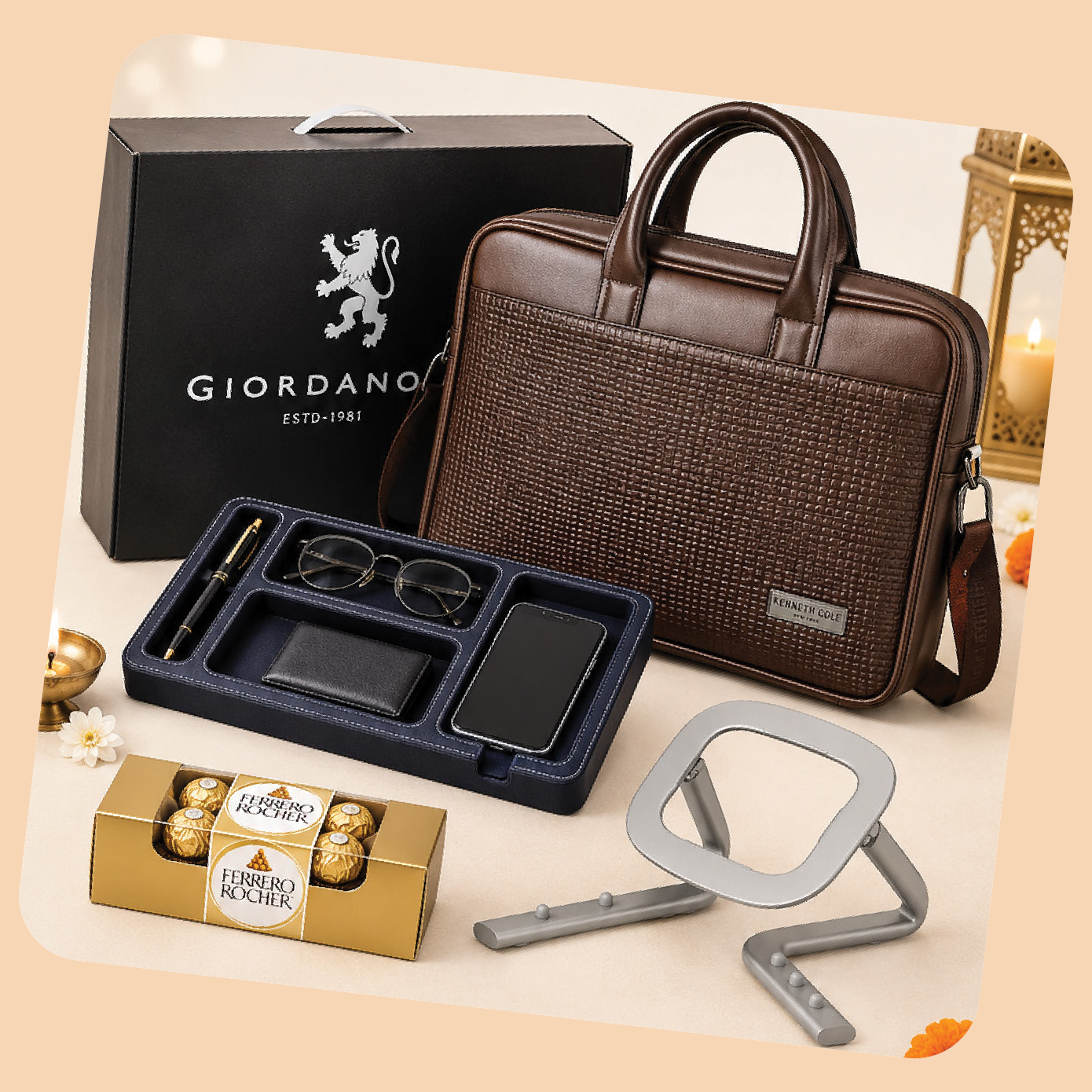 Gift Set-28: Premium Bag + Desktop Organizer + Laptop Stand + Premium Chocolates + Gift Box