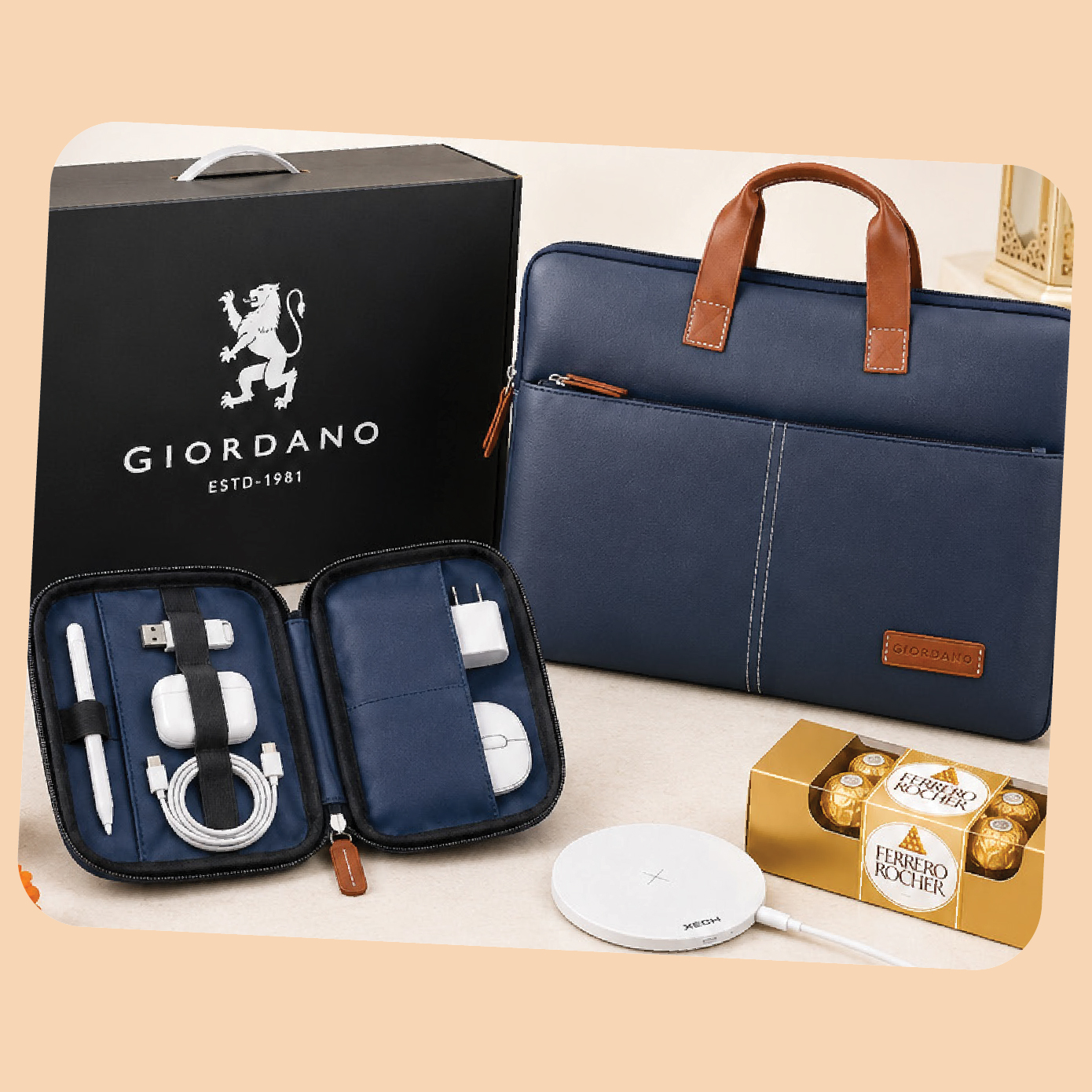 Gift Set-30: Premium Bag + Smart Tech Organizer + Fast Wireless Charger + Premium Chocolates + Gift Box
