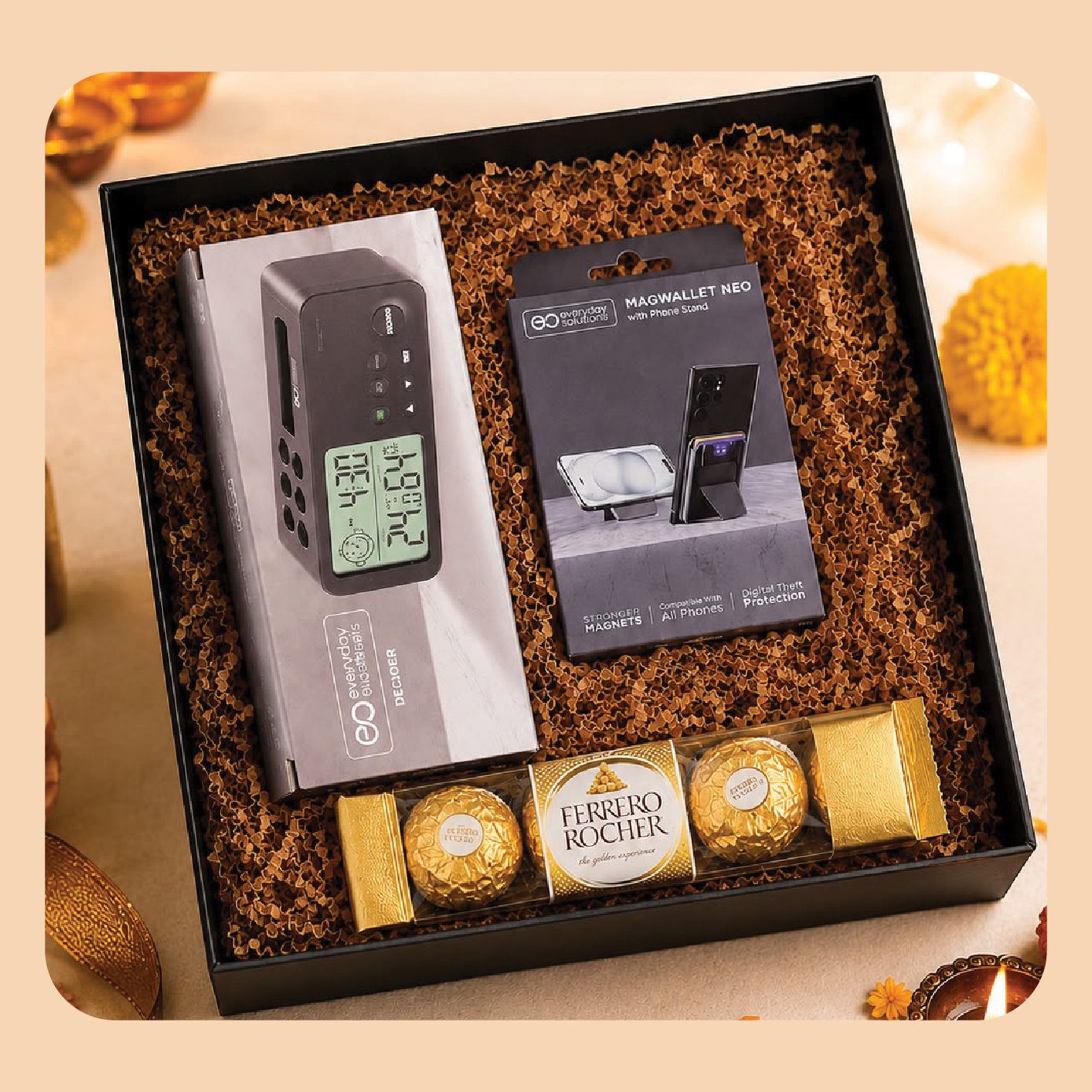 Gift Set-40: Digital Desk Clock + Smart Tech Phone Stand + Premium Chocolates + Gift Box