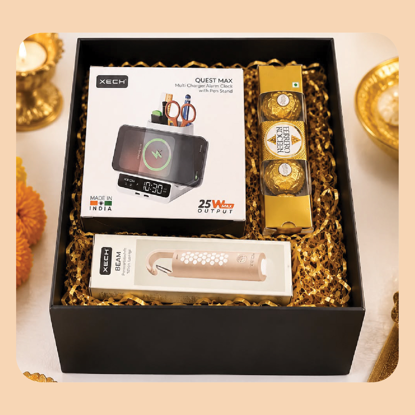 Gift Set-42:Premium Charger Alarm Clock with Pen Stand + Multi-purpose Flashlight + Premium Chocolates + Gift Box
