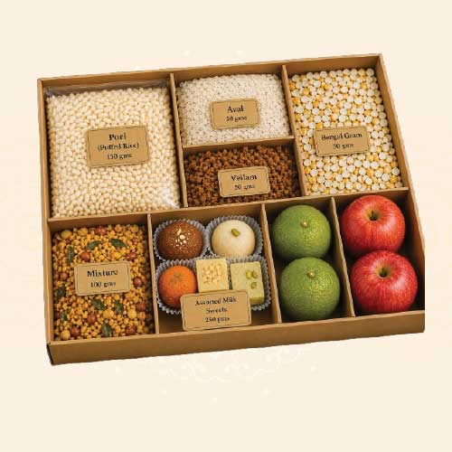 Ayudha Pooja Package 09 - Signature Prasadam Box with Sweets, Mixture and Fruits (625 g + Fruits)